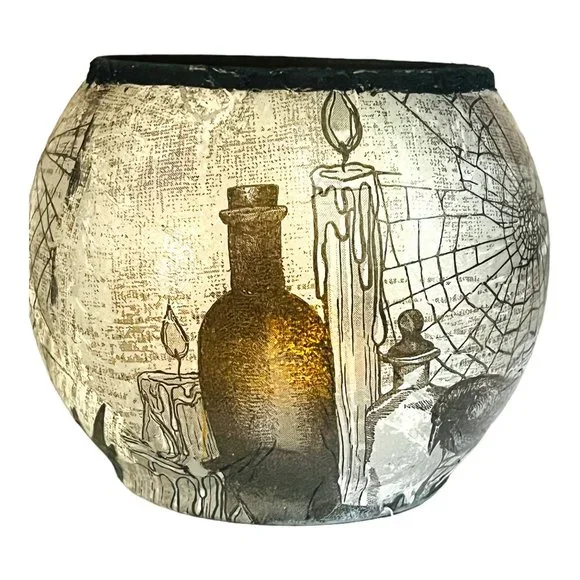 Handmade Halloween Design Glass Dome Candle Holder “Witches Cauldron” Decoupaged - Picture 7 of 13